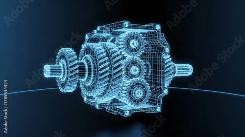 wireframe model of gearbox transmission mechanism with gears and components. Digital twin cad engineering blueprint for automotive powertrain design. Technical mechanical visualization and industrial