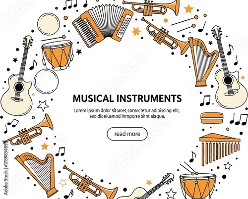Line Art Musical Instruments Assortment Guitar, Accordion, Trumpet On White Background
