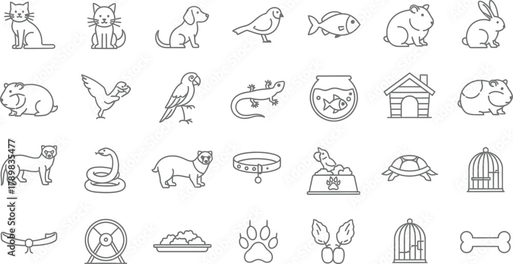 Obraz premium Line Art Pets and Supplies Set Cat, Dog, Bird, Fish, Rabbit, Snake, Food, and More