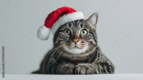 An adorable feline, adorned with a festive santa hat, gazes intently with wide-eyed wonder, exuding a sense of holiday cheer and whimsical charm. 