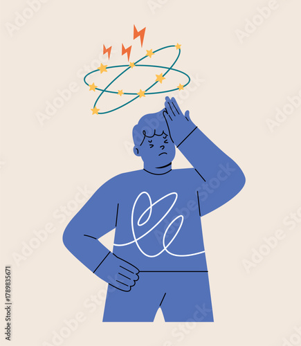 Boy showing symptoms of headache and dizziness. Colorful vector illustration
