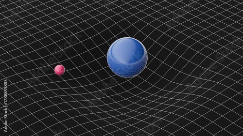 General Relativity Spacetime Fabric - Massive Sphere Warps Grid, Small Sphere Spirals Inward 3D computer generated animation

