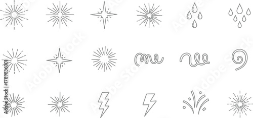 Line Art Set with Stars, Raindrops, Lightning Bolts & Confetti on Transparent