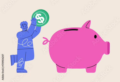 Boy putting coins in big piggy bank. Colorful vector illustration
