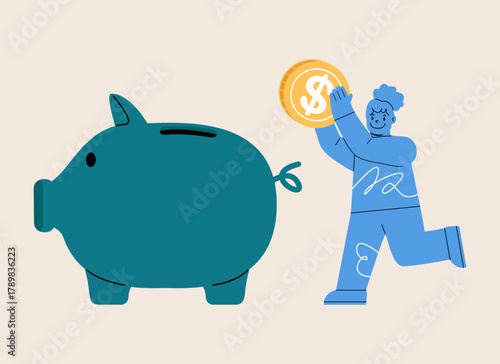 Girl putting coins in big piggy bank. Colorful vector illustration