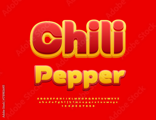 Vector Marketing flyer Chili Pepper. Bright Yellow and Red Font. Artistic Alphabet Letters and Numbers set
