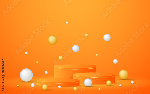 Multi-tiered orange podium with elegant gold lines with white and gold balls around it for displaying advertisements. Exhibit cosmetic products. Stage or podium. Vector illustration	