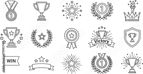 Line Art Trophy, Medal, Starburst, Wreath, Flag, Crown Icons Isolated on Transparent Background