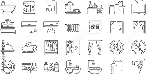 Line Drawing Icon Set with Bathtub, Coffee Maker, Television and Furniture Items