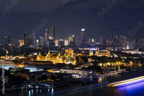 Photography Top view of The Grand Palace, Chakri Maha Prasat Throne Hall and The Emerald Buddha Temple at night time