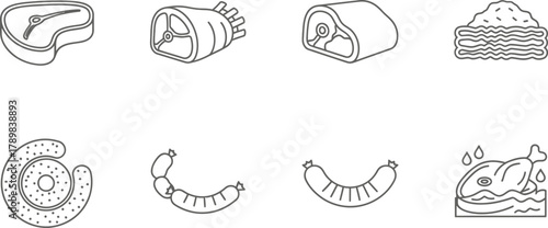 Meat Line Icons Set on Transparent Steak, Pork, Sausage, Lasagna and Chicken