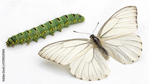 Closeup macro of a beautiful yellow and black swallowtail butterfly and brown moth on a green leaf, isolated nature insects