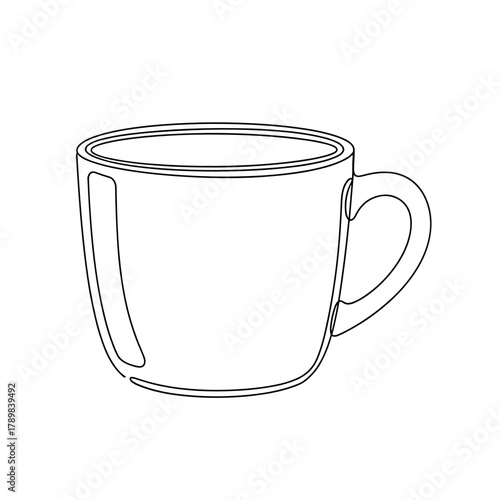 Outline of a simple coffee mug with handle on white background  