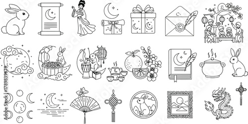 MidAutumn Festival Line Art Moon, Rabbit, Dragon, Lantern, Traditional Elements 85