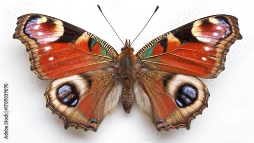 Painted Lady butterfly, a beautiful orange and black insect with colorful wings, isolated closeup on a leaf