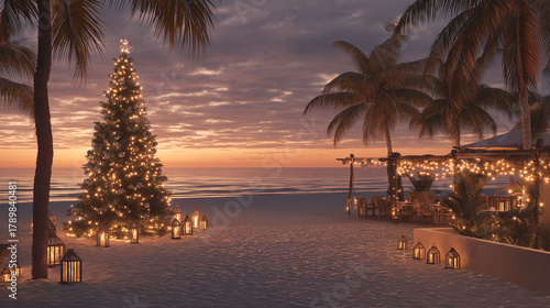A festive Christmas tree is illuminated under the soft glow of twilight at a beach, creating a serene and festive holiday ambiance.
