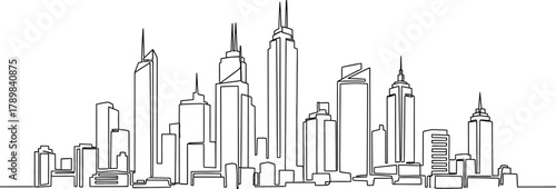 Modern Skyline with One Line Art, Minimalist Cityscape Outline on White Background