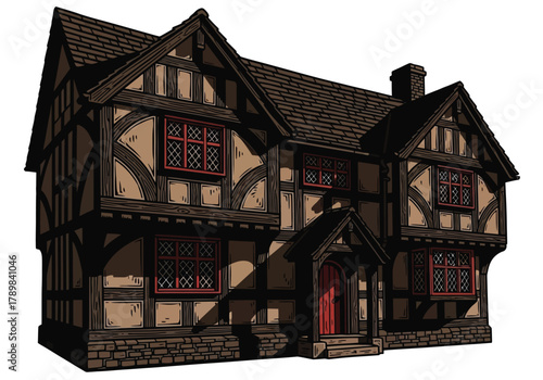 Illustration of a traditional half-timbered Tudor-style house with a red door isolated on a white background.