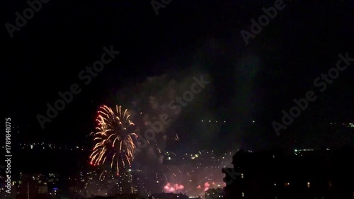 Fireworks in the city among houses, dangerous fireworks in the center of Yerevan, explosions and fireworks, New Year fireworks for tourists and city residents, Yerevan City Day. High quality