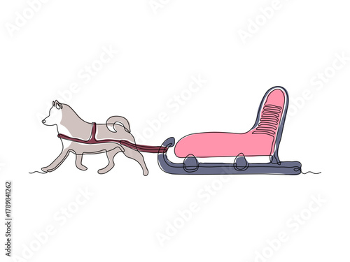 Abstract husky Dog, laika and sled,cart. continuous single one line art hand drawing sketch, logo on white background