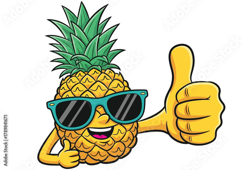 A cool cartoon pineapple character wearing sunglasses and giving a thumbs up gesture.