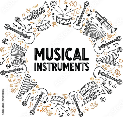 Musical Instruments Circle Harp, Trumpet, Guitar, Accordion, Drum Doodle Art