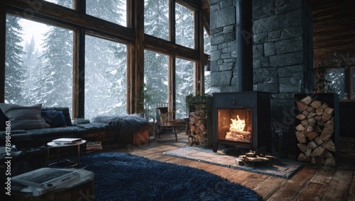Cozy winter cabin living room with a fireplace