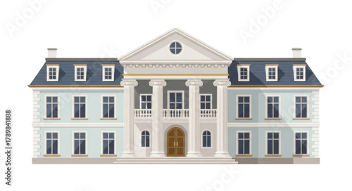 Elegant manor home with stately columns, perfect for real estate marketing or architectural design projects needing a touch of classic sophistication