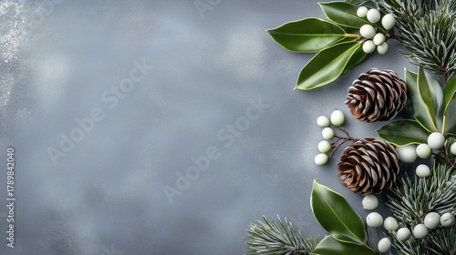 Horizontal design background featuring a corner arrangement of frosted pinecones, green pine needles, green leaves with frosted edges
