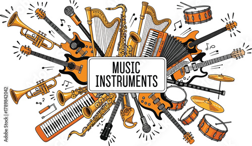 Musical Instruments Compilation with Orange Accents on a White Background