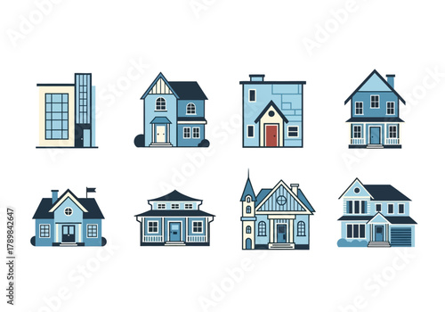 A collection of eight different residential houses and buildings, showcasing various architectural styles in a blue color palette.