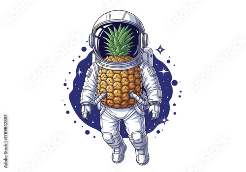 A whimsical illustration of an astronaut with a pineapple for a head and torso floating in outer space.