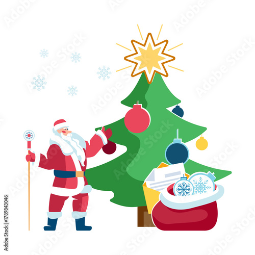 Happy New Year 2026. New Year and Christmas gifts. Santa Claus collects a holiday bag, greeting cards and Christmas tree toys. Green fir tree, holiday. Snowflakes, calendar. Vector illustrations