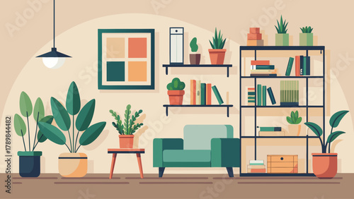 A living room with a green couch, a potted plant, and a bookshelf. The room has a cozy and inviting atmosphere