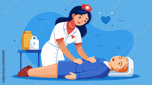 A woman in a white uniform is helping a man who is laying on a bed. The woman is wearing a stethoscope and is checking the man's pulse. The scene is set in a hospital, and the mood is serious