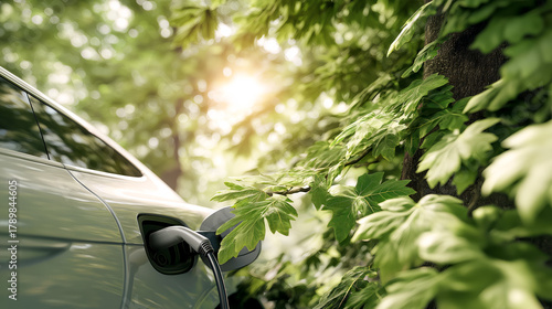 Close-up of an electric car charging surrounded by green leaves. Concept of eco-friendly transport and sustainable future.