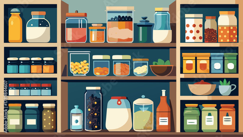 A colorful image of a kitchen pantry with many jars and bottles. The jars are of different sizes and colors, and the bottles are also of various sizes and colors. Concept of abundance and variety