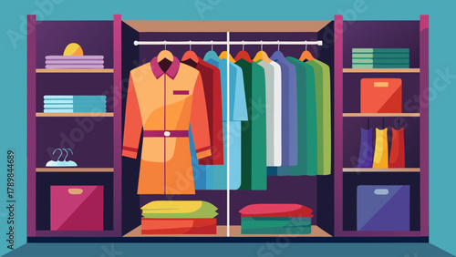 A colorful closet with clothes hanging on the racks. The closet is full of clothes and has a lot of space