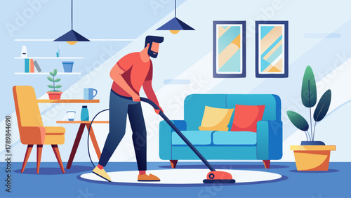 A man is vacuuming a living room. The room has a blue couch and a chair. There are potted plants in the room