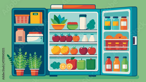A refrigerator is opened to reveal a variety of fruits and vegetables, including apples, oranges, and tomatoes