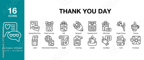 Thank You Day icon set. Includes thankyou, gratitude, appreciation, thankful, thanks and More. Editable Stroke Icon Collection.