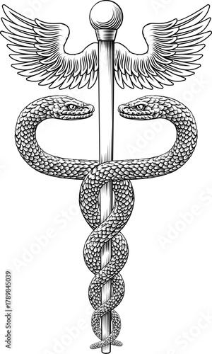 Caduceus staff of Hermes medical or commerce symbol. Snakes around a winged rod. Often used in place of the rod of Asclepius doctor icon for medicine and health care. Vintage woodcut etching style.