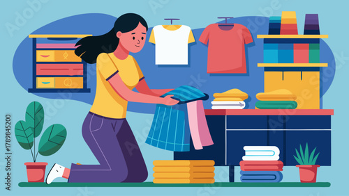 A woman is folding clothes in a room with a blue background. The room is cluttered with clothes and other items, such as a potted plant and a vase. The woman is in a relaxed