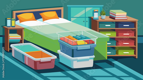 A bedroom with a bed, dresser, and nightstand. The bed is unmade and has a green comforter. There are several boxes and containers on the floor, including a green one. The room has a cluttered