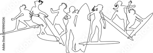 Surfer surfboard boarding female surfers surfing silhouette outlines. Women surf group design concept.