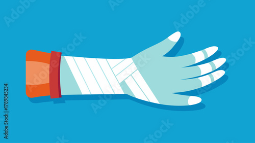 A hand with a bandage wrapped around it. The bandage is white and the hand is blue