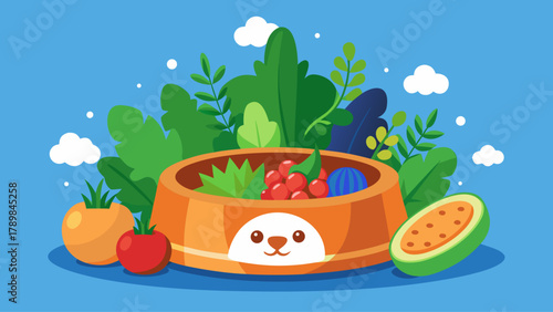 A bowl of food with a cartoon dog and a variety of vegetables including tomatoes, cucumbers, and carrots
