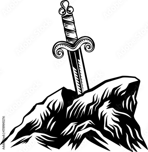 A vintage style illustration of Excalibur King Arthurs sword from the sword in the stone from the Arthurian legends