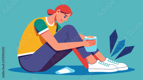 A woman is sitting on the ground with a cup in her hand. She looks sad and is holding the cup close to her face