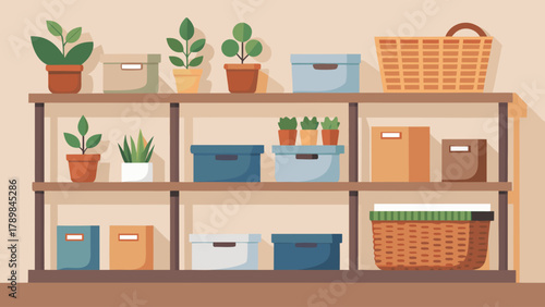 A shelf with many potted plants and boxes. The plants are in various sizes and colors, and the boxes are of different shapes and sizes. The shelf is filled with greenery and boxes